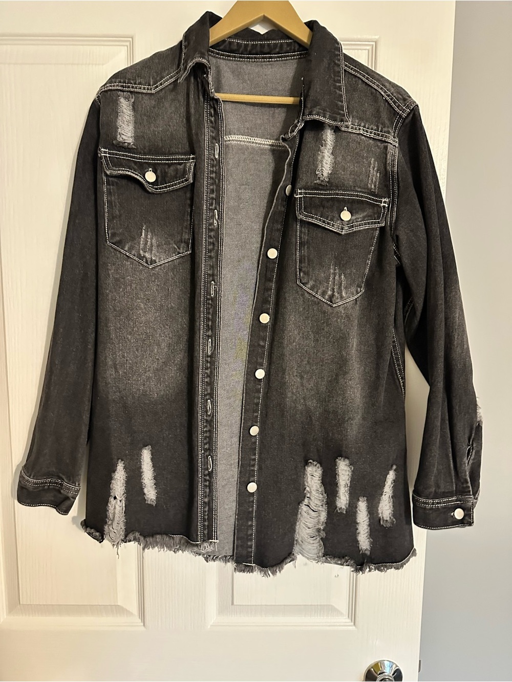 Distressed Black Denim Jacket - Oversized Shacket